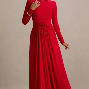 Estrella | Vestido largo rojo de mangas largas y detalle cruzado en la cintura