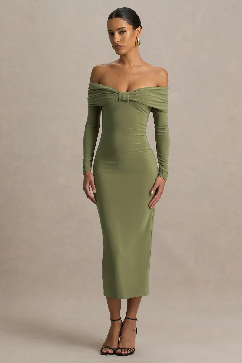Spark | Vestido Midi Oliva Con Escote Bardot Y Detalle De Lazo - Imagen 4