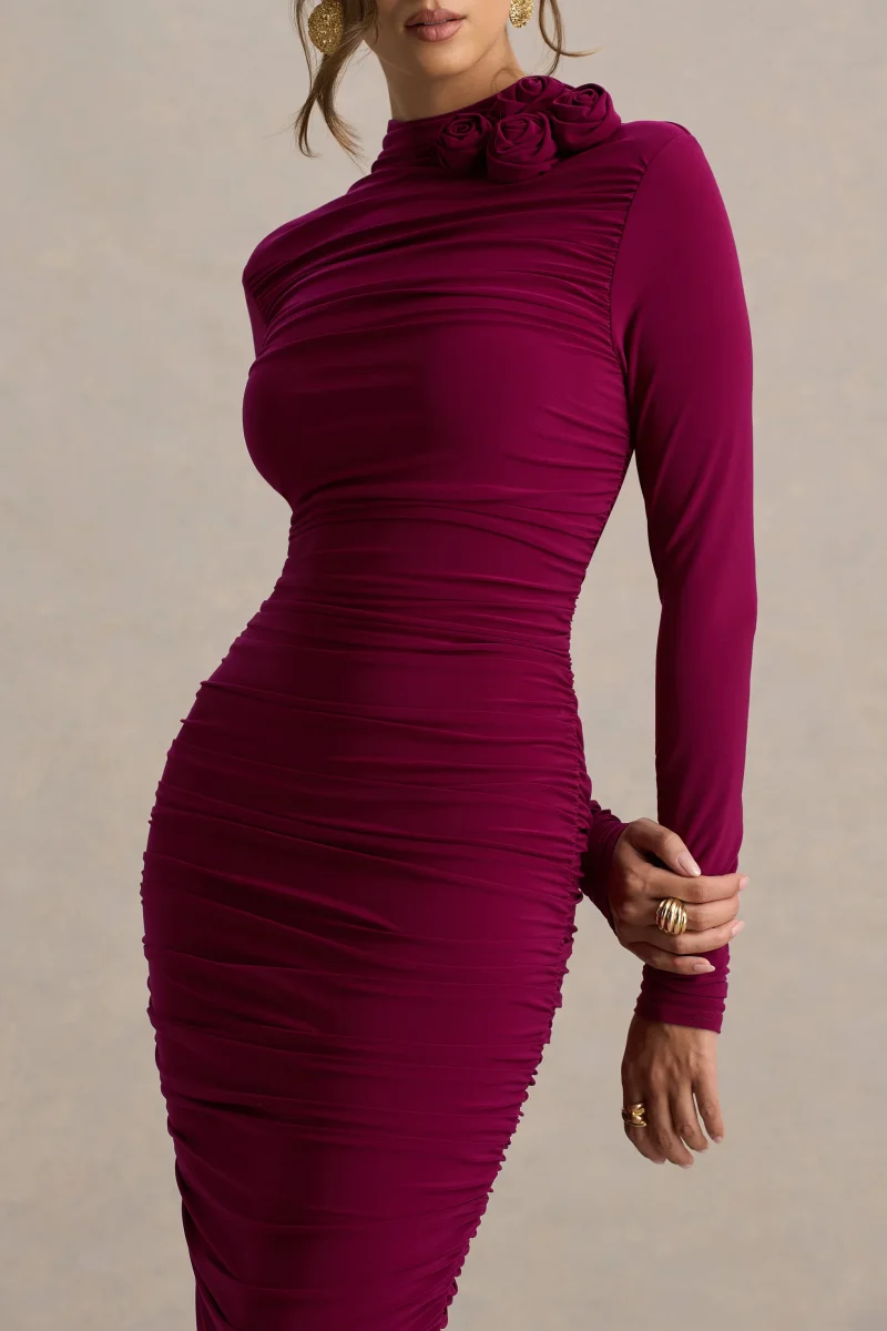 Tamara | Vestido Midi Burdeos de Manga Larga con Fruncidos - Imagen 6