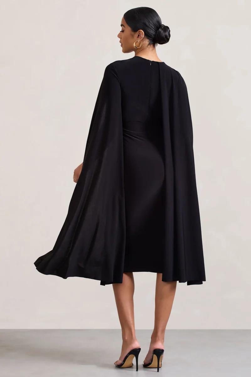 Marysol | Vestido midi negro entallado con mangas tipo capa - Imagen 3