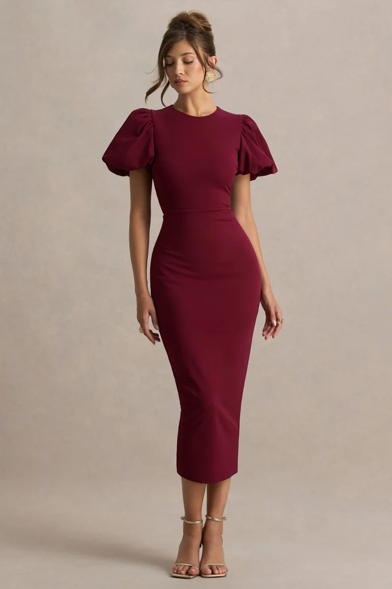 Dakota | Vestido Midi Burdeos De Manga Abullonada - Imagen 5