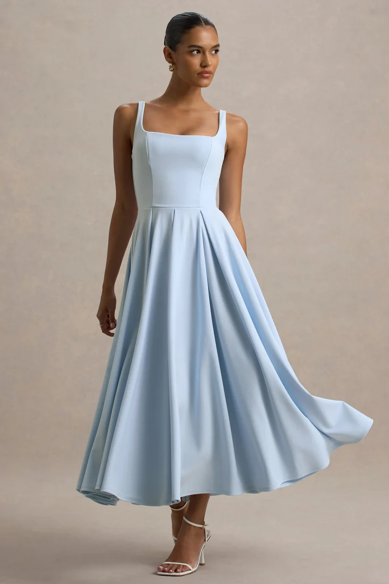 Parina | Vestido midi azul claro con escote cuadrado y falda voluminosa - Imagen 2