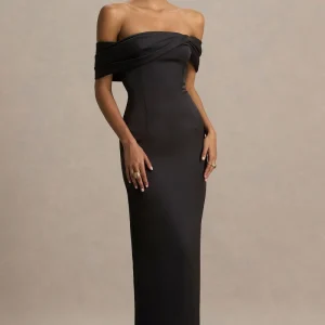 Valeria | Vestido largo de satén negro con escote Bardot retorcido