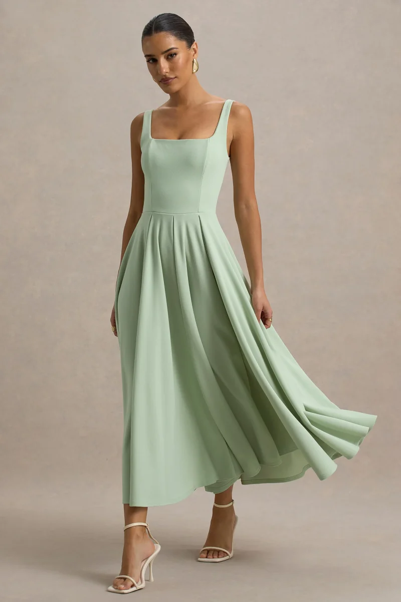 Parina | Vestido midi verde claro con escote cuadrado y falda voluminosa - Imagen 6