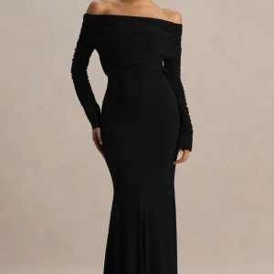 Cilla | Vestido Largo Negro Con Escote Bardot y Fruncido
