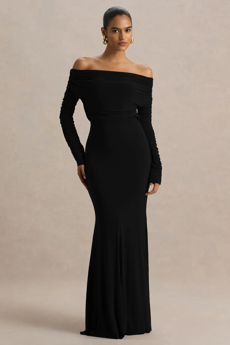 Cilla | Vestido Largo Negro Con Escote Bardot y Fruncido - Imagen 2
