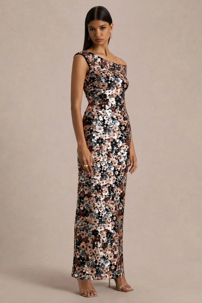 Electric | Vestido Largo de Terciopelo Negro con Lentejuelas Florales y Escote Asimétrico - Imagen 6