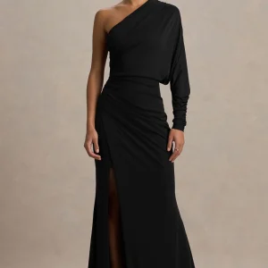 Lola | Vestido largo asimétrico Negro con detalles fruncidos y abertura frontal alta