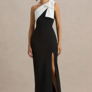 Kiri | Vestido Largo Negro Y Blanco De Un Hombro Con Lazo