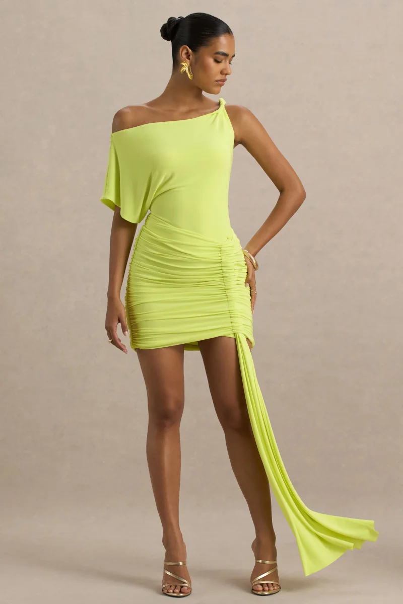 Marci | Vestido corto en Verde Lima Asimétrico Fruncido con Fajín - Imagen 5