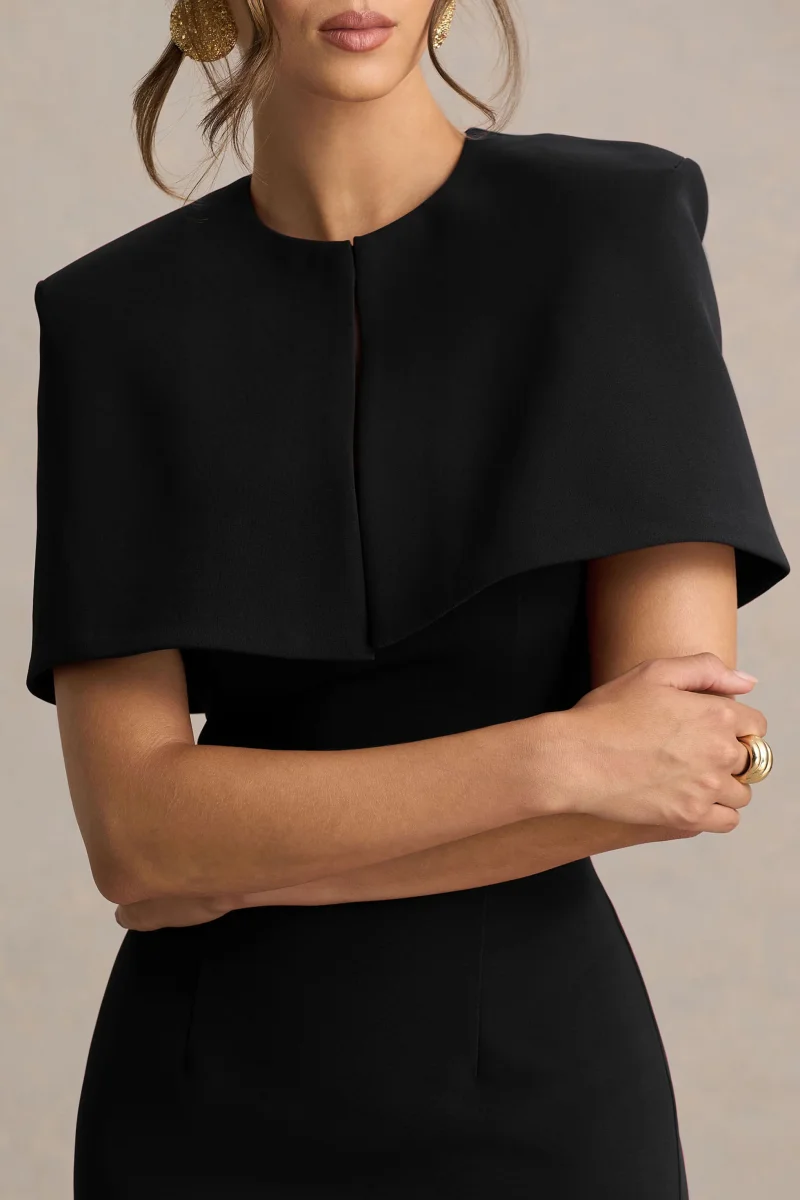 Baylor | Vestido Midi Negro Con Capa Corta Desmontable - Imagen 4