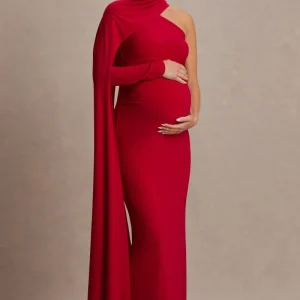 Tessy | Vestido Largo Rojo con Escote Asimétrico y Manga Capa