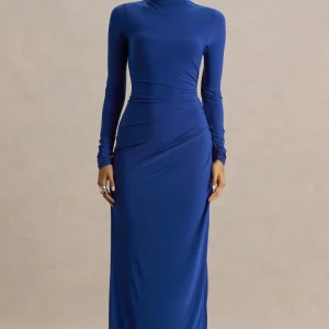 Alluring | Vestido largo en Azul cobalto de Cuello Alto con Detalles Fruncidos