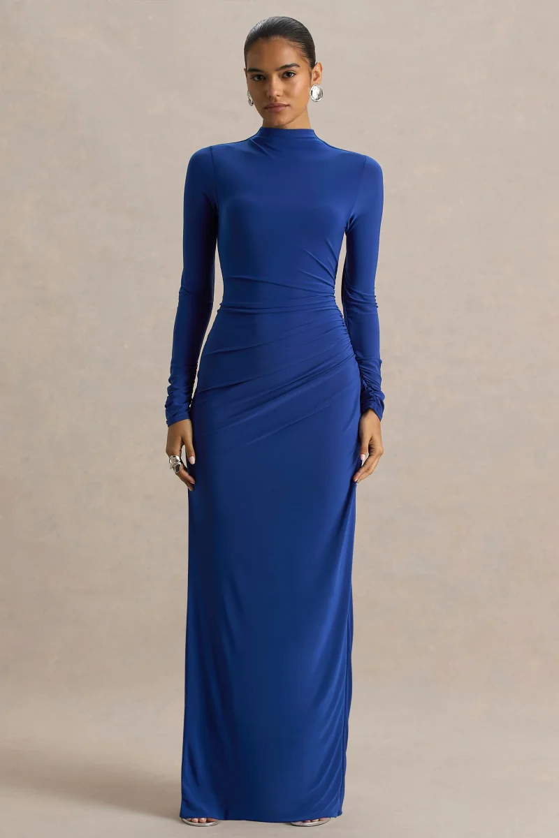 Alluring | Vestido largo en Azul cobalto de Cuello Alto con Detalles Fruncidos - Imagen 2