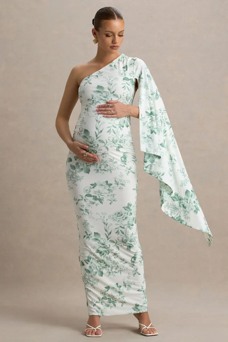Aliana | Vestido largo premamá con una manga larga y estampado floral verdoso - Imagen 5