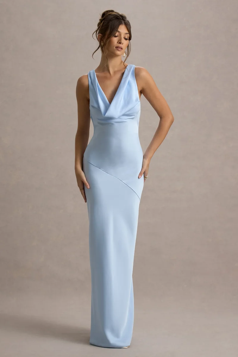 Alesso | Vestido Lencero largo satinado azul cielo con escote drapeado - Imagen 6