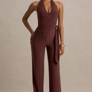 Marlais | Mono en color Chocolate con Escote Profundo y Lazo en la Cintura