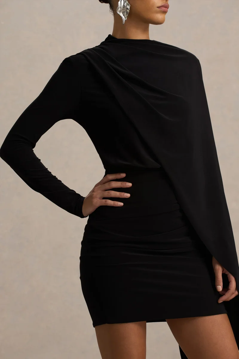 Celeste | Vestido corto Negro de Manga Larga con Capa incorporada - Imagen 5