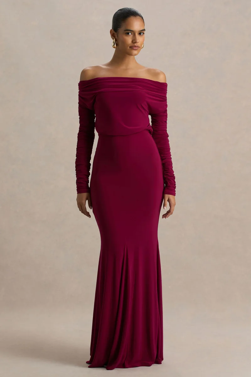 Cilla | Vestido Largo Burdeos Con Escote Bardot y Fruncido - Imagen 4