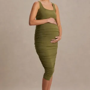 Lisbon | Vestido premamá midi en color oliva con escote cuadrado y fruncidos