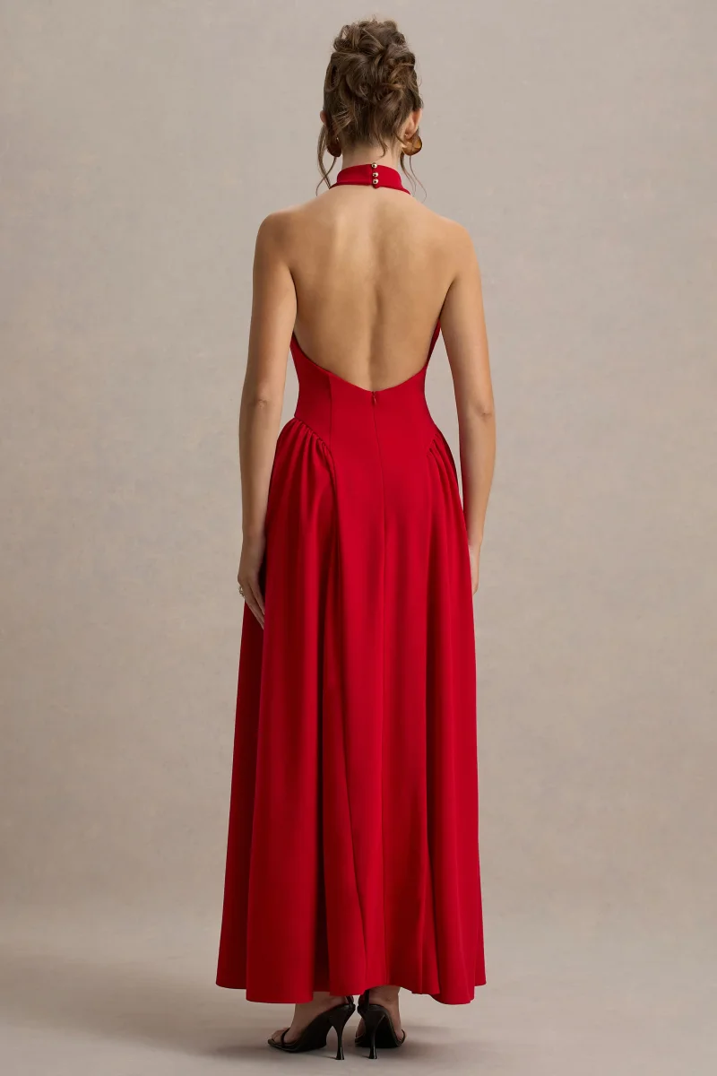 Cynthia | Vestido largo Rojo con Escote Alto y Falda Voluminosa - Imagen 3