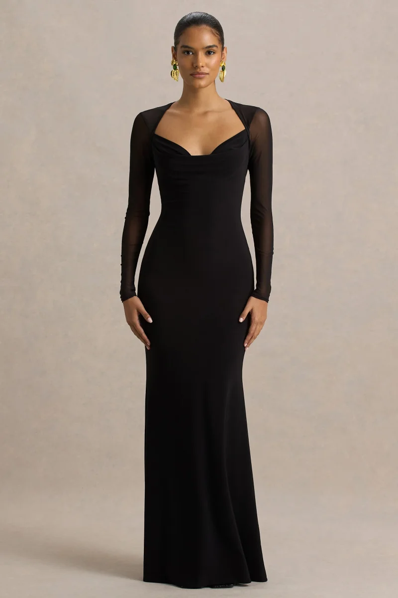 Bethan | Vestido Largo Negro Con Escote Drapeado, Mangas De Malla y Espalda Abierta - Imagen 6