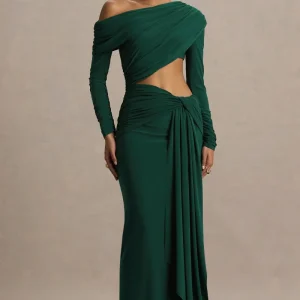 Mikayla | Vestido Largo Verde Oscuro De Escote Asimétrico Con Falda Cruzada Y Recorte