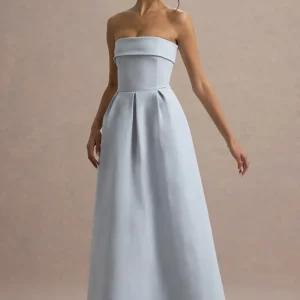 Maddalena | Vestido largo en azul empolvado con falda plisada