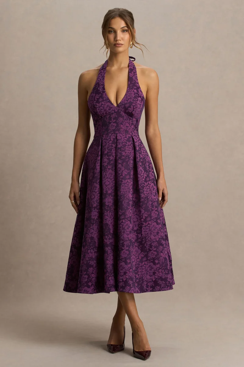 Isabeau | Vestido Midi Morado de Satén con Escote Pronunciado - Imagen 6