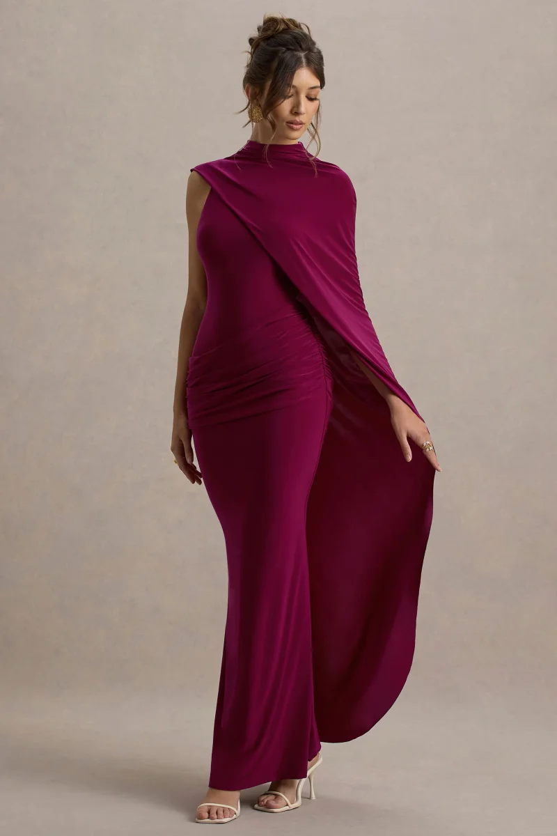 Maeve | Vestido largo en Burdeos con Manga Capa Drapeada - Imagen 5