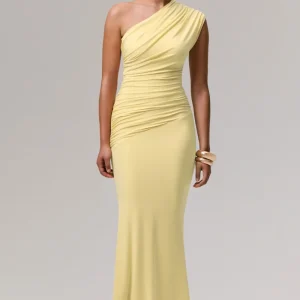 Mardi | Vestido Largo Limón con Escote Asimétrico y Fruncidos