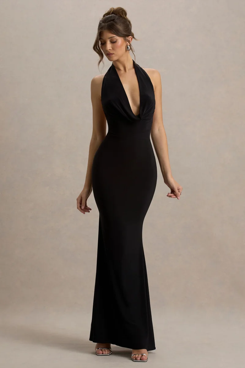 Milani | Vestido largo negro con escote drapeado y corte sirena espalda descubierta - Imagen 6