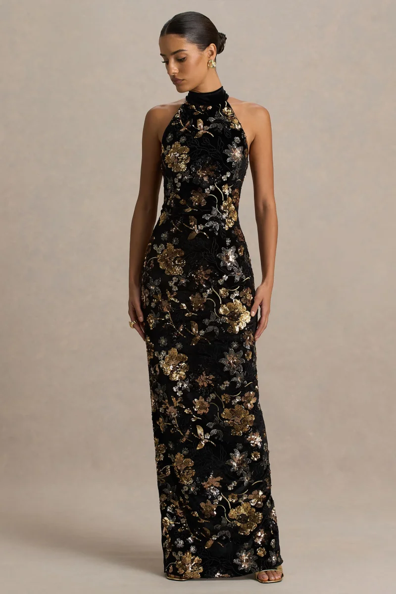 Tate | Vestido Largo de Terciopelo Negro con Escote Halter y Lentejuelas Florales en Bronce - Imagen 5