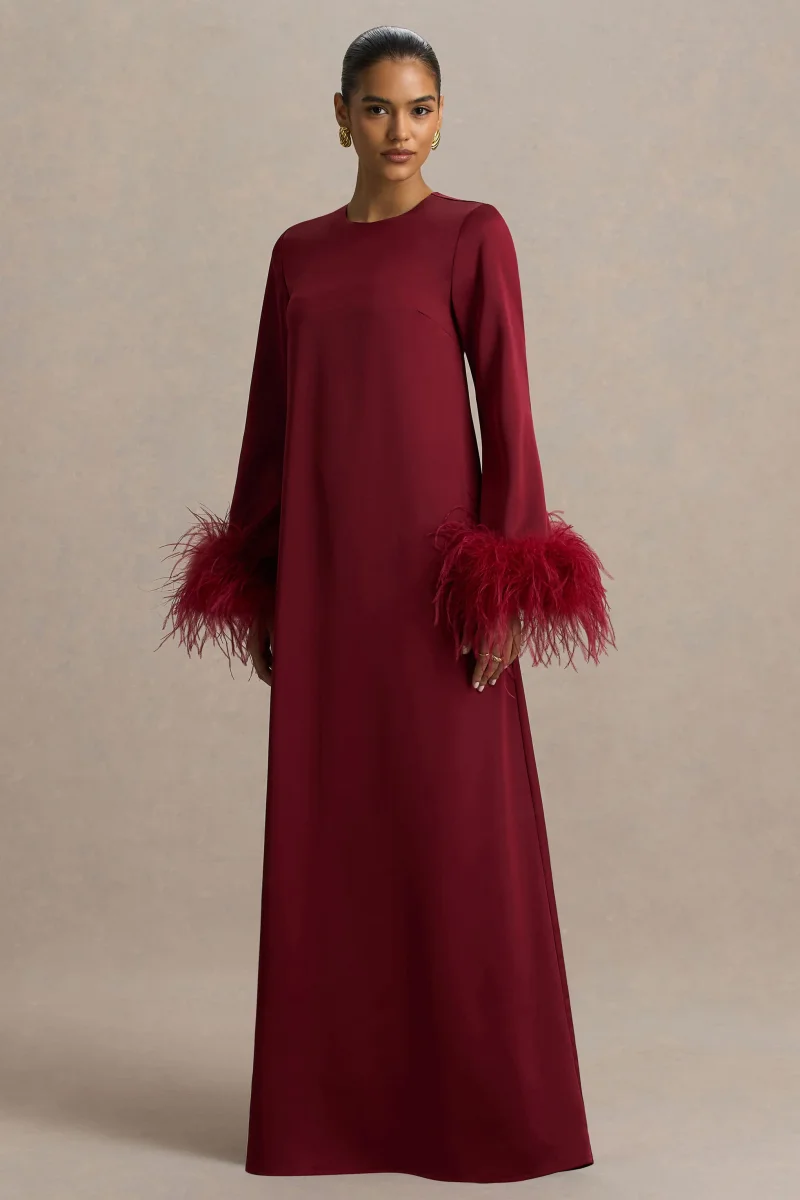 Adella | Vestido Largo de Satén Burdeos con Detalle de Plumas - Imagen 6