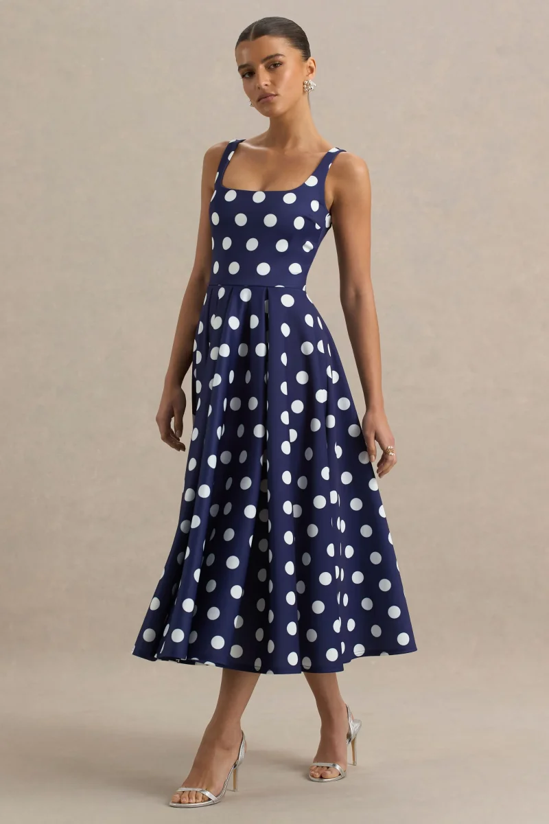 Berta | Vestido midi azul marino con lunares balanco y falda con volumen - Imagen 6