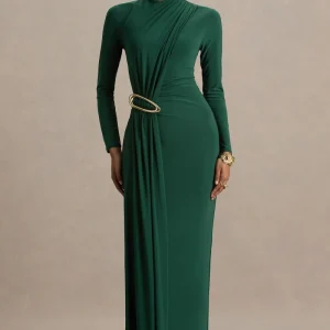 Zadie | Vestido Largo verde azulado de cuello alto con detalle fruncido