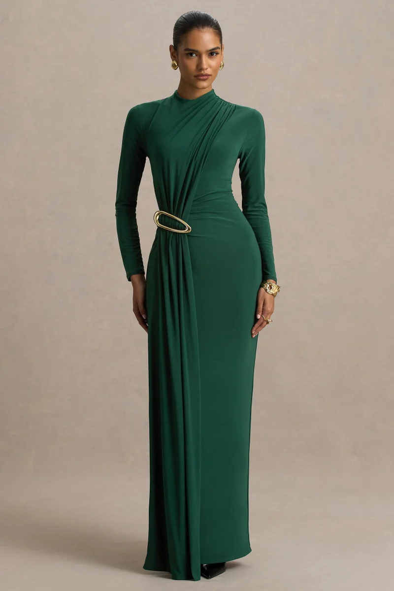 Zadie | Vestido Largo verde azulado de cuello alto con detalle fruncido - Imagen 2