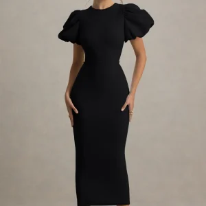 Dakota | Vestido midi negro con mangas abullonadas