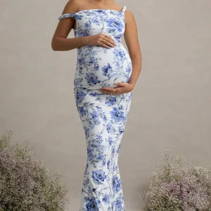 Lita | Vestido largo de Maternidad Floral Azul con Escote Asimétrico Torcido