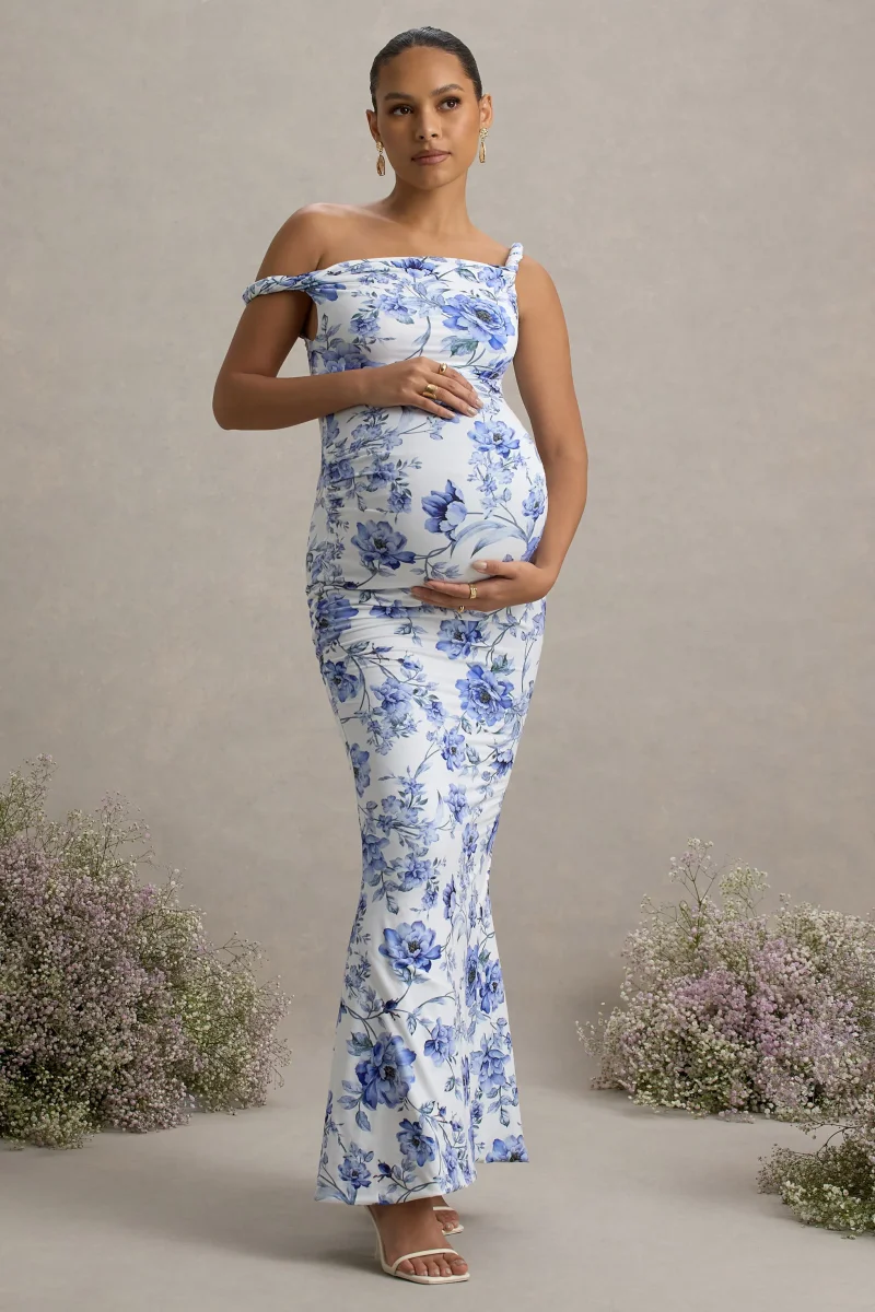 Lita | Vestido largo de Maternidad Floral Azul con Escote Asimétrico Torcido - Imagen 2