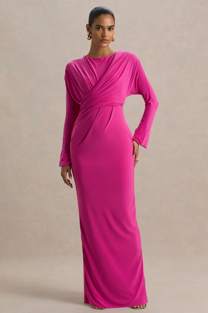 Regina | Vestido Largo Rosa Fucsia Regina con Escote Cortado y Drapeado - Imagen 4