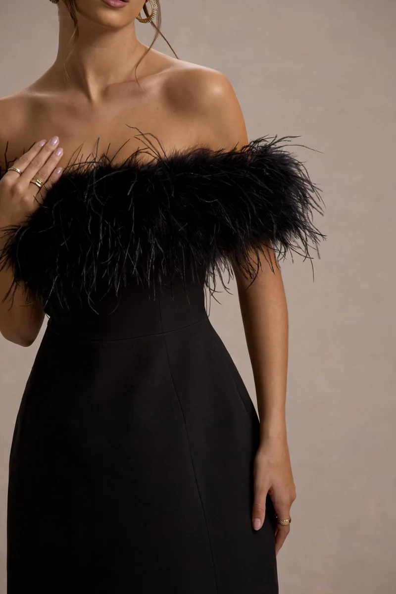 Palace | Vestido negro corto con escote bardot y ribete de plumas - Imagen 8