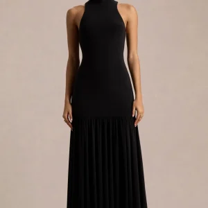 Tasmin | Vestido Largo Negro de Cuello Alto con Cintura Baja
