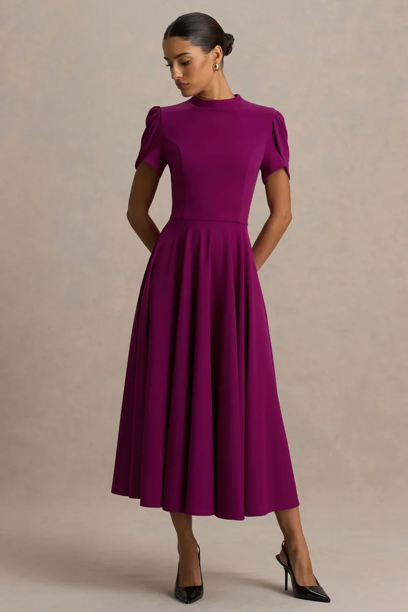 Vicky | Vestido Midi Color Morera Con Escote Alto Y Mangas Abullonadas - Imagen 5