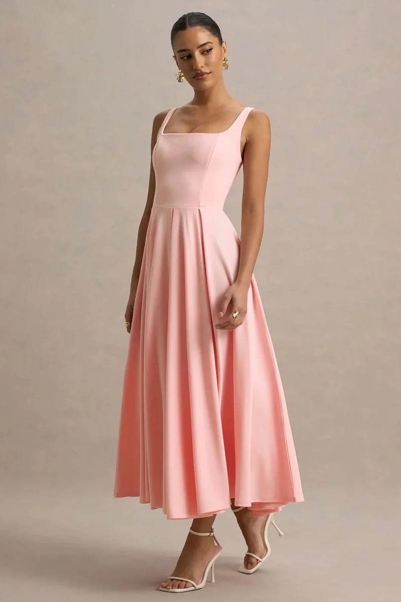 Parina | Vestido midi rosa claro con escote cuadrado y falda voluminosa - Imagen 6
