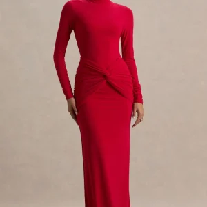 Alula | Vestido Rojo Largo con Cuello Alto y Detalle de Giro en el centro