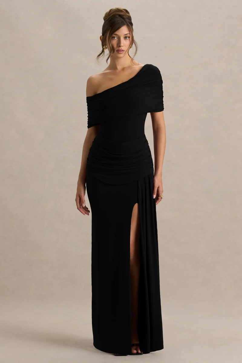 Dynasty | Vestido Largo Negro con Escote Asimétrico, Detalles Fruncidos y Abertura Alta Frontal - Imagen 4