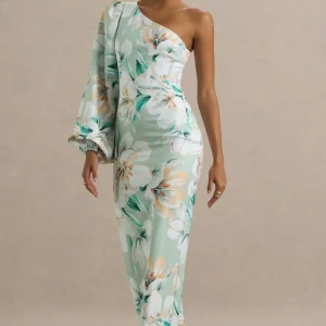 Kellis | Vestido largo Asimétrico con Manga Abullonada en Estampado Floral Verde