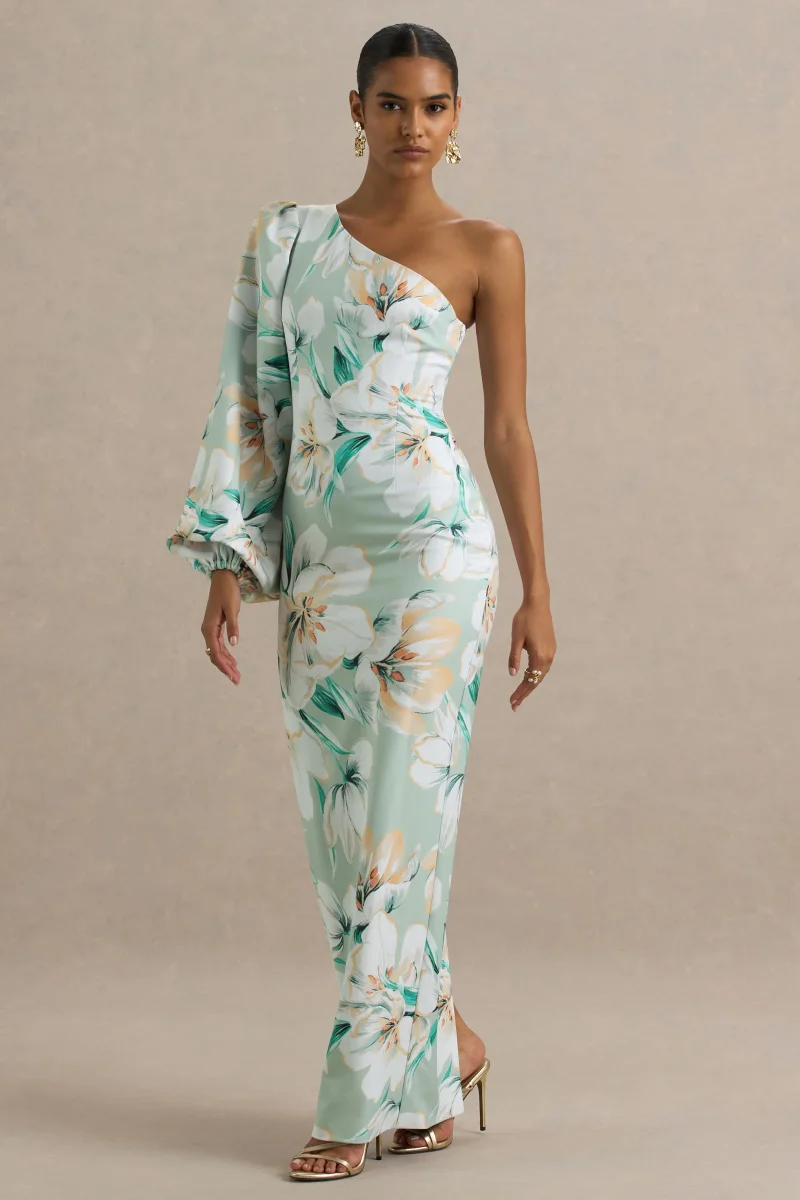 Kellis | Vestido largo Asimétrico con Manga Abullonada en Estampado Floral Verde