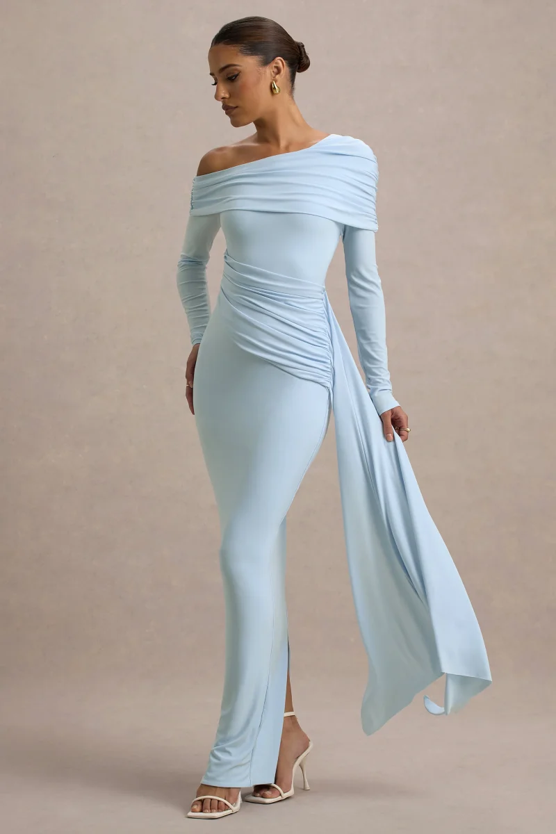 Valina | Vestido largo Azul bebé con mangas largas y drapeado lateral - Imagen 7